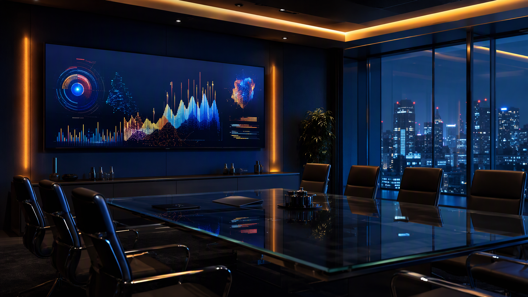 Executive boardroom with software analytics on screen