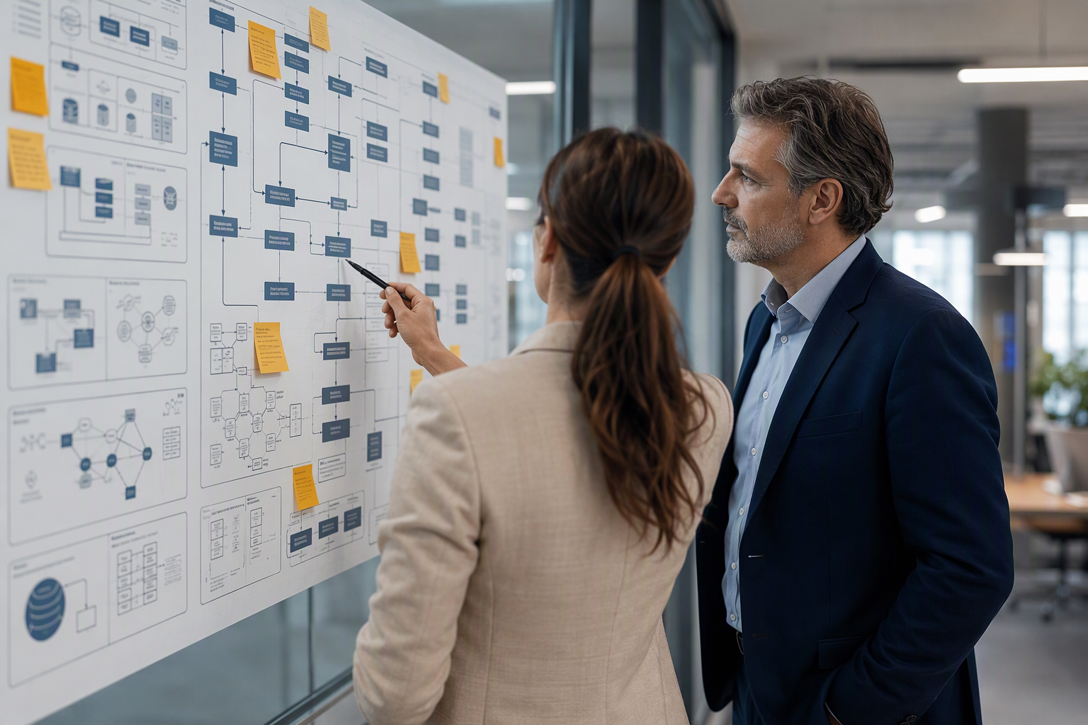 Consultants reviewing an ERP architecture diagram