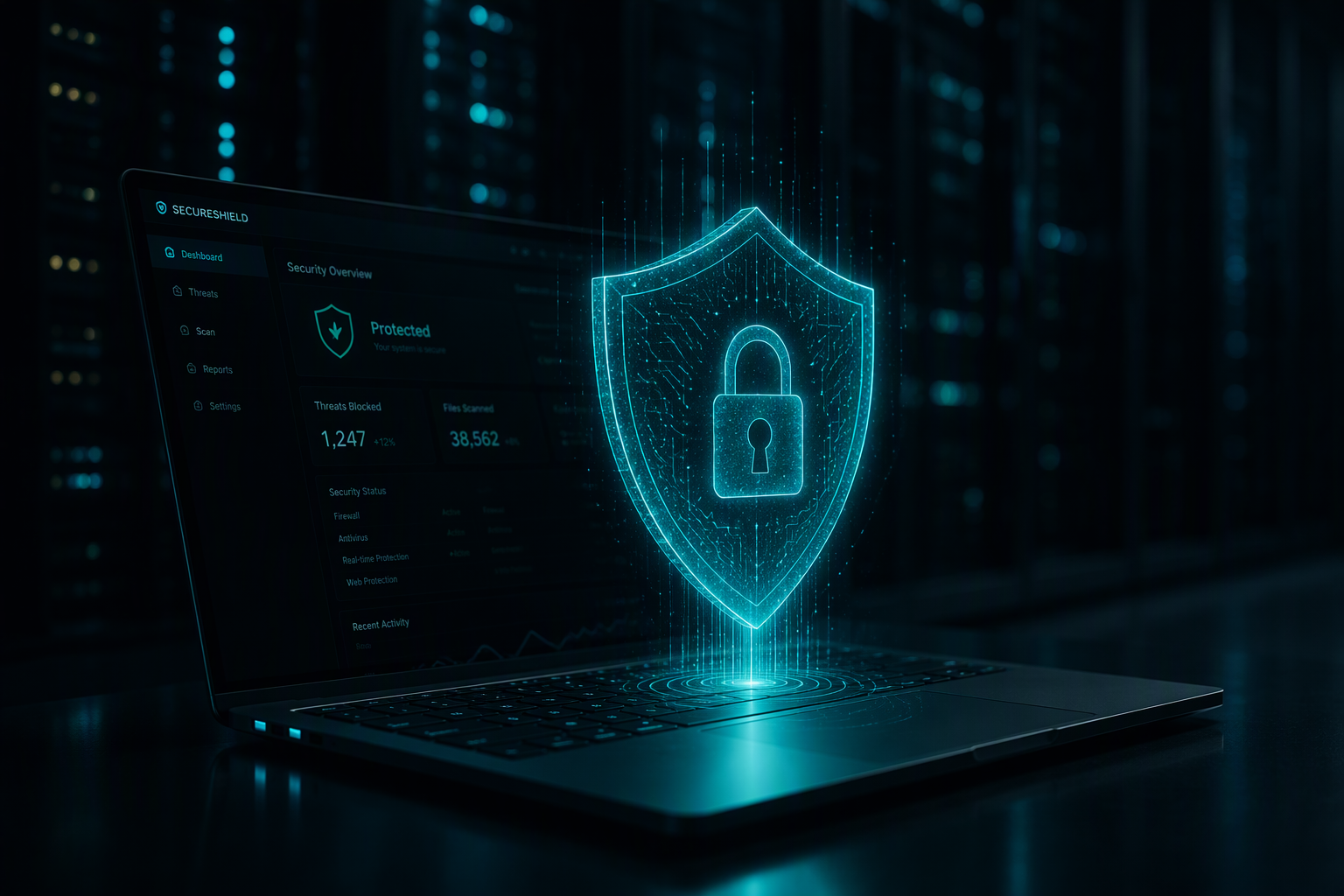 Cybersecurity shield over a laptop